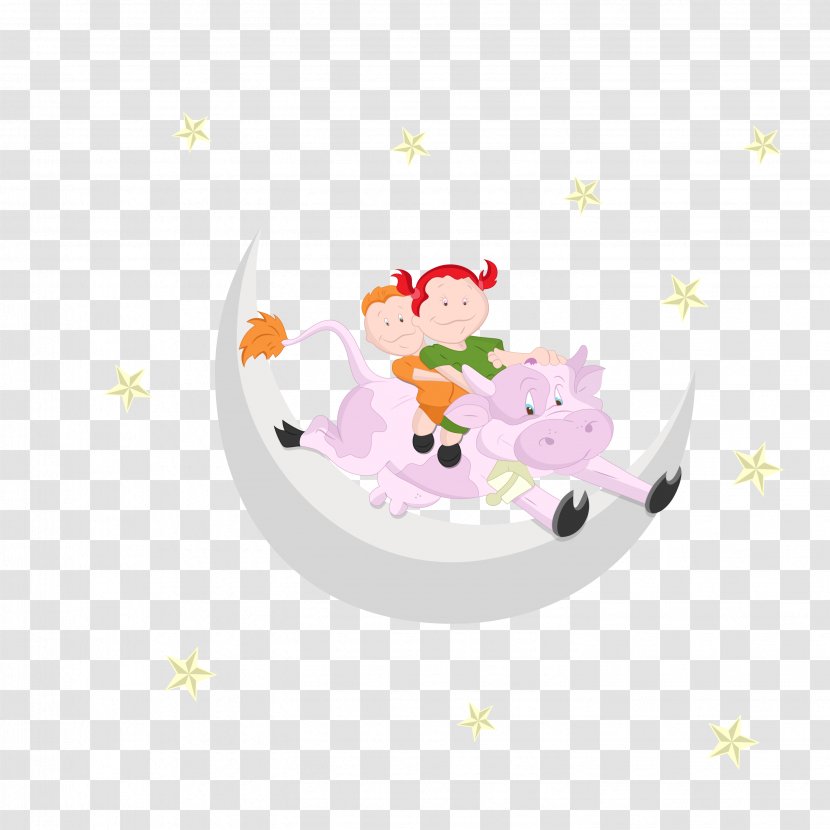 Cartoon - Riding A Cow In The Moon Running Children Transparent PNG