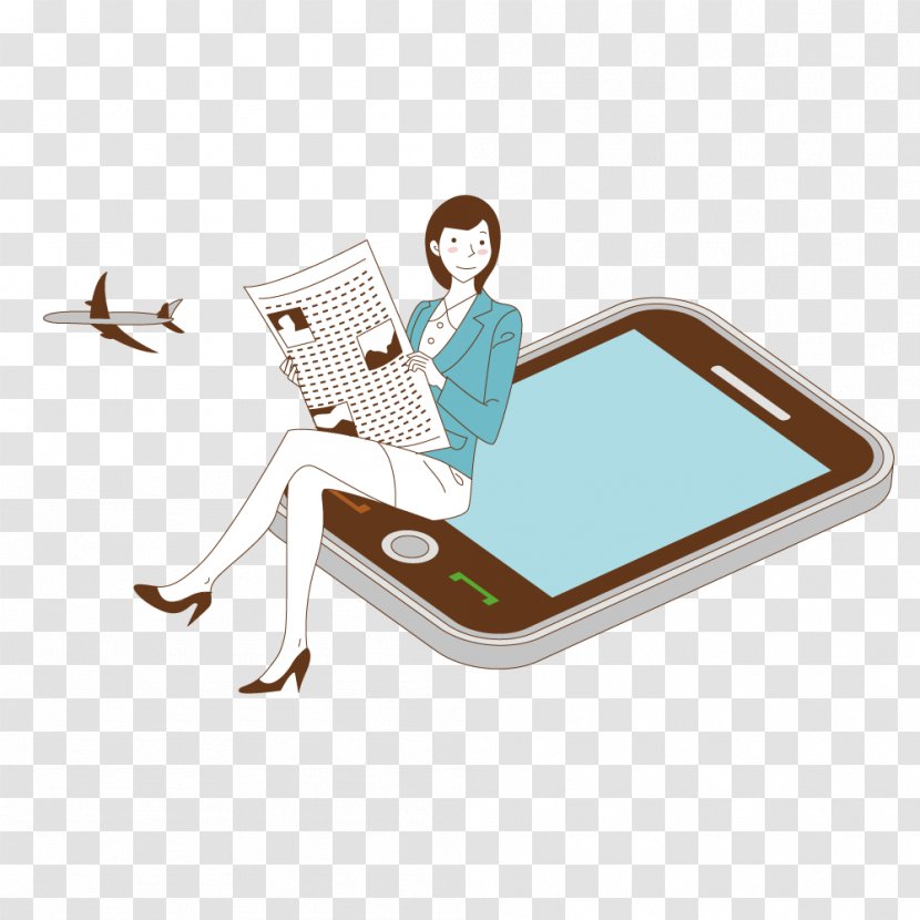 Download Cartoon Illustration - Mobile Phone - Smartphone Sitting Reading The Newspaper Woman Transparent PNG