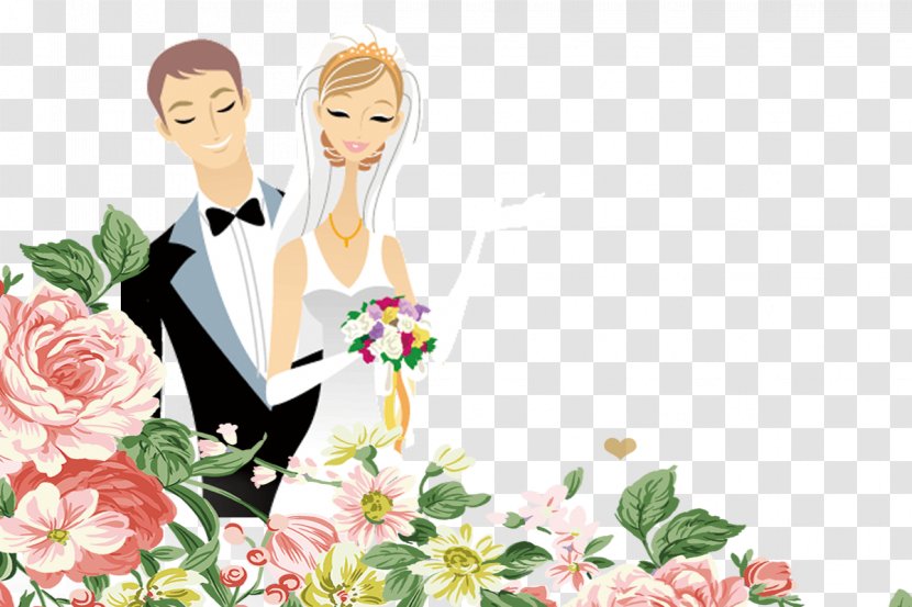 Floral Design Bridegroom Marriage - Heart - Cartoon Bride And Groom Transparent PNG