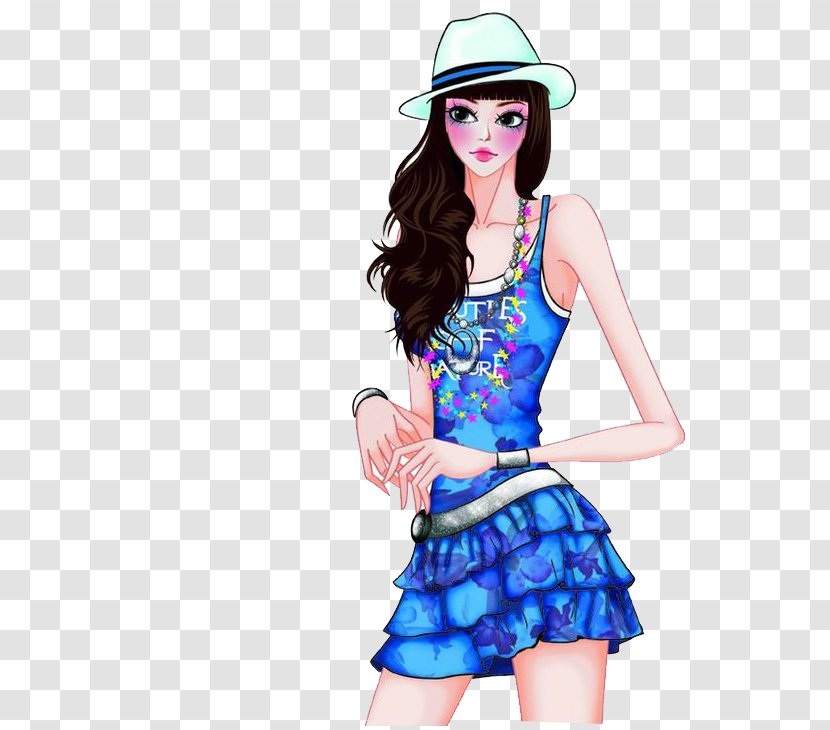 Fashion Drawing Woman Illustration - Flower - Blue Dress Beauty FIG. Transparent PNG