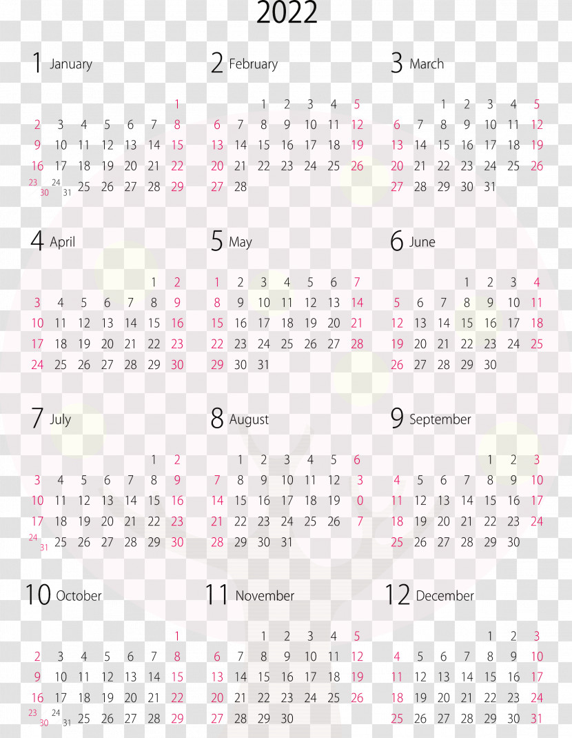 2022 Yearly Calendar Printable 2022 Yearly Calendar Transparent PNG