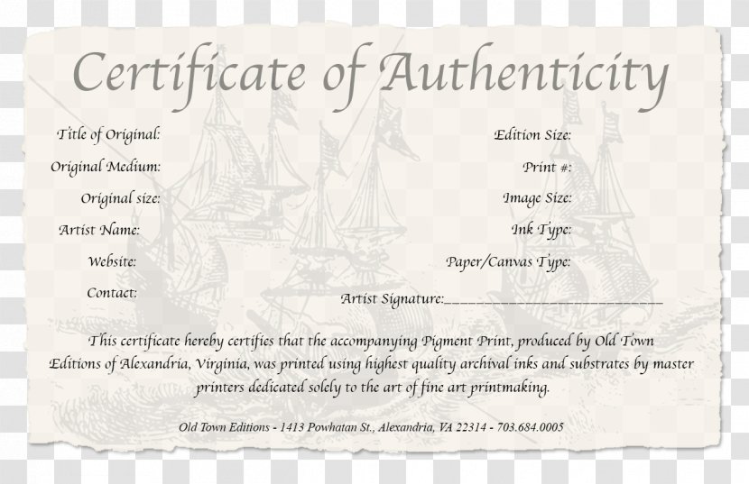 Certificate Of Authenticity In Art Work Photography - Museum - Template Transparent PNG