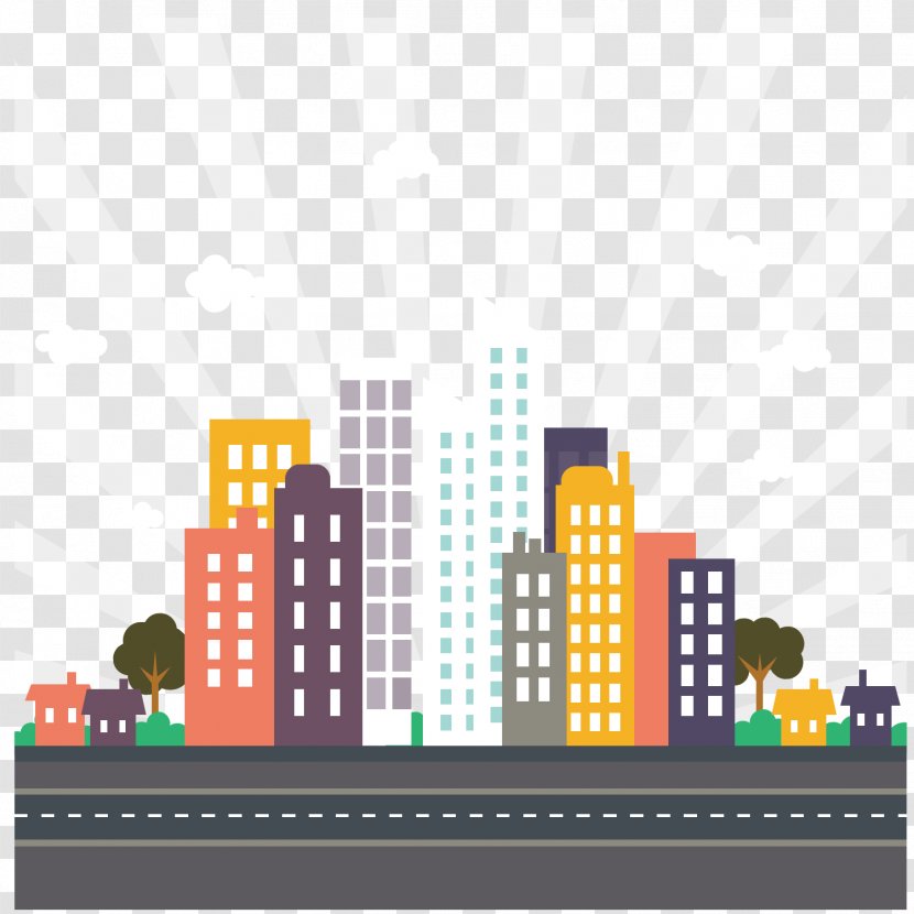 Flat Design City - Cartoon Cute Wind Streetscape Transparent PNG