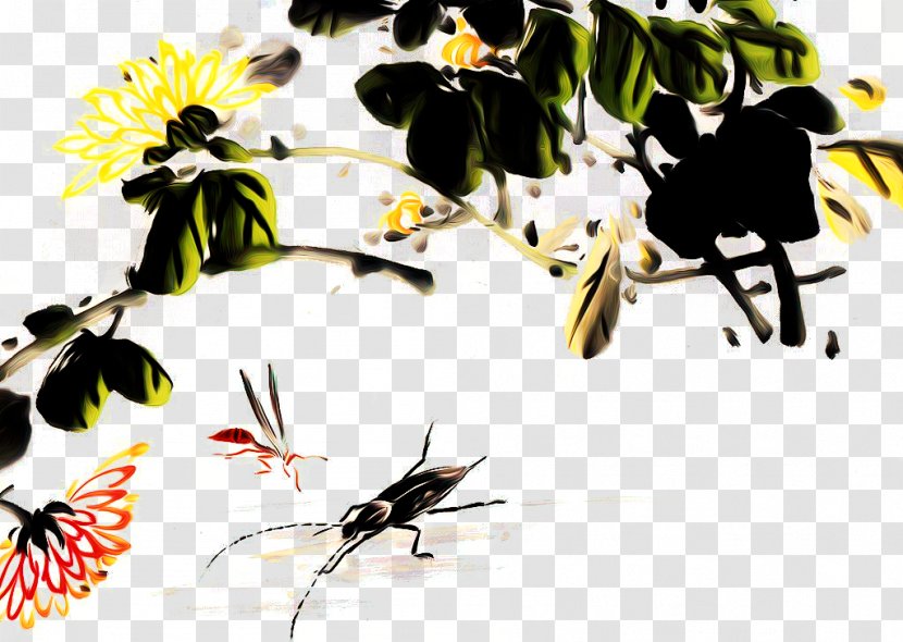 Ink Wash Painting Chinese Chrysanthemum Art - Tree - Cricket Transparent PNG