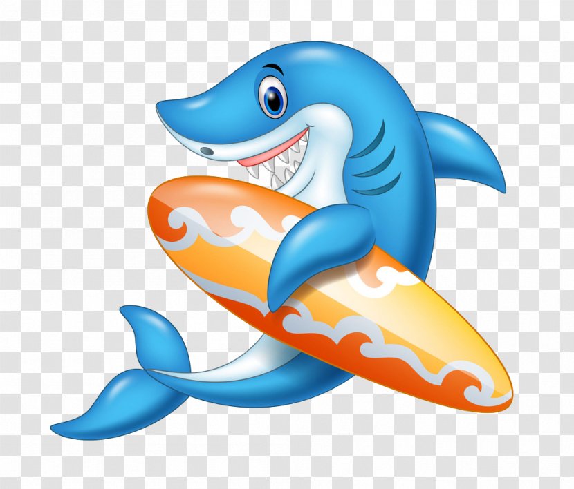 Shark Cartoon Surfboard Illustration - Fish - Jumping Sharks Transparent PNG