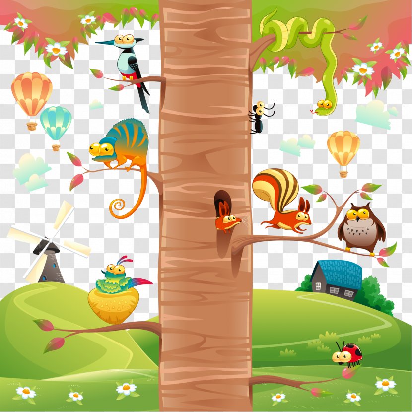 Tree Cute Animals Vector Material - Cartoon - Vertebrate Transparent PNG