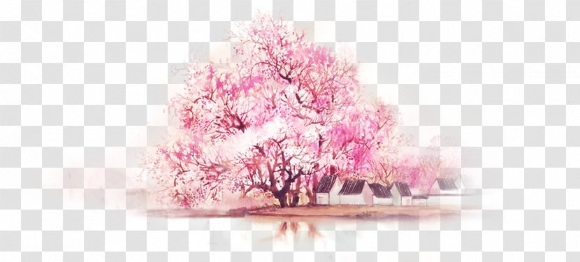 Chinoiserie Pink Watercolor Painting Wallpaper - Software - Hand Painted Peach Tree Transparent PNG