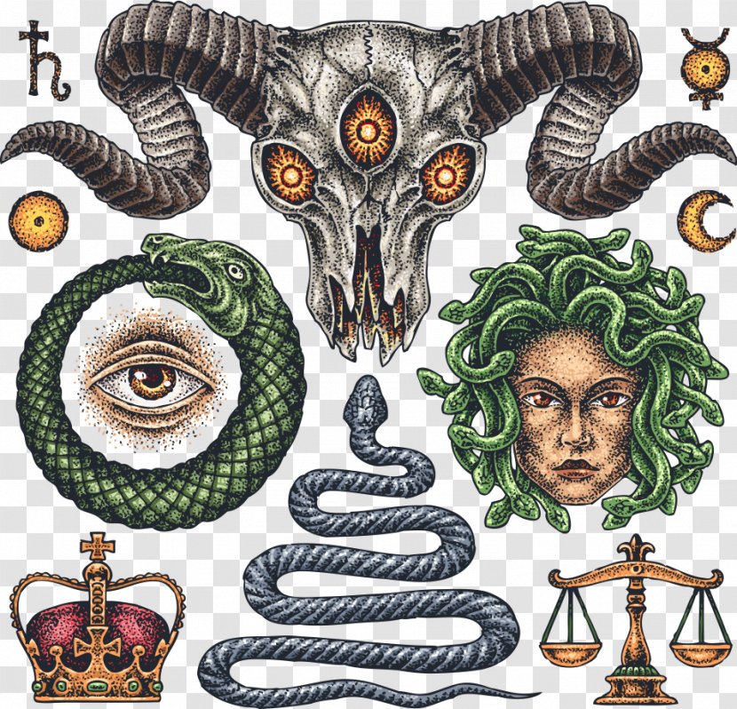 Old School (tattoo) Flash Occult - Vector Antelope Horn And Baby Snake Tattoo Transparent PNG