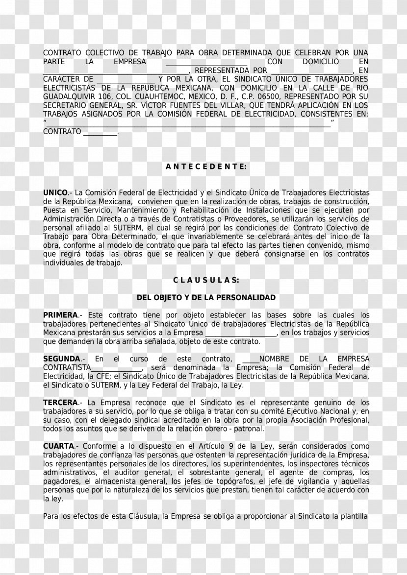 Employment Contract Collective Agreement Labor Document - Contrato Transparent PNG