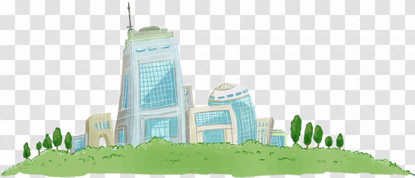 Green Computer File - Energy - Lovely Hand-painted Tree City Building Transparent PNG