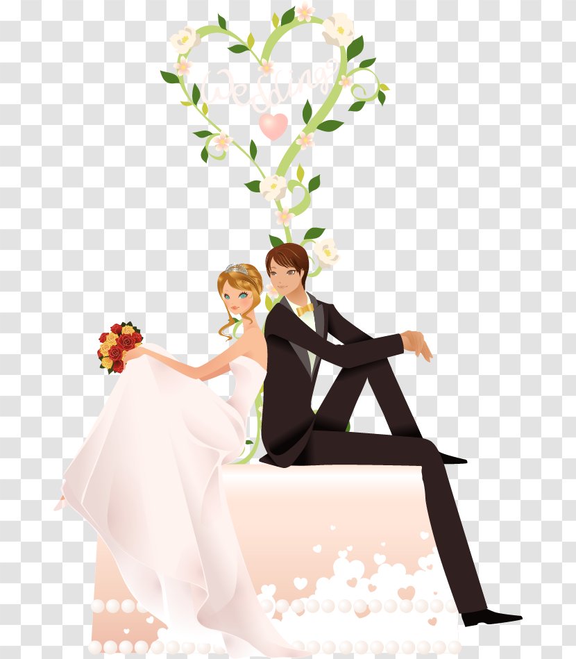 Marriage Wedding Happiness Wish Love - Art - Heart-shaped Branches Bride And Groom Vector Material Transparent PNG
