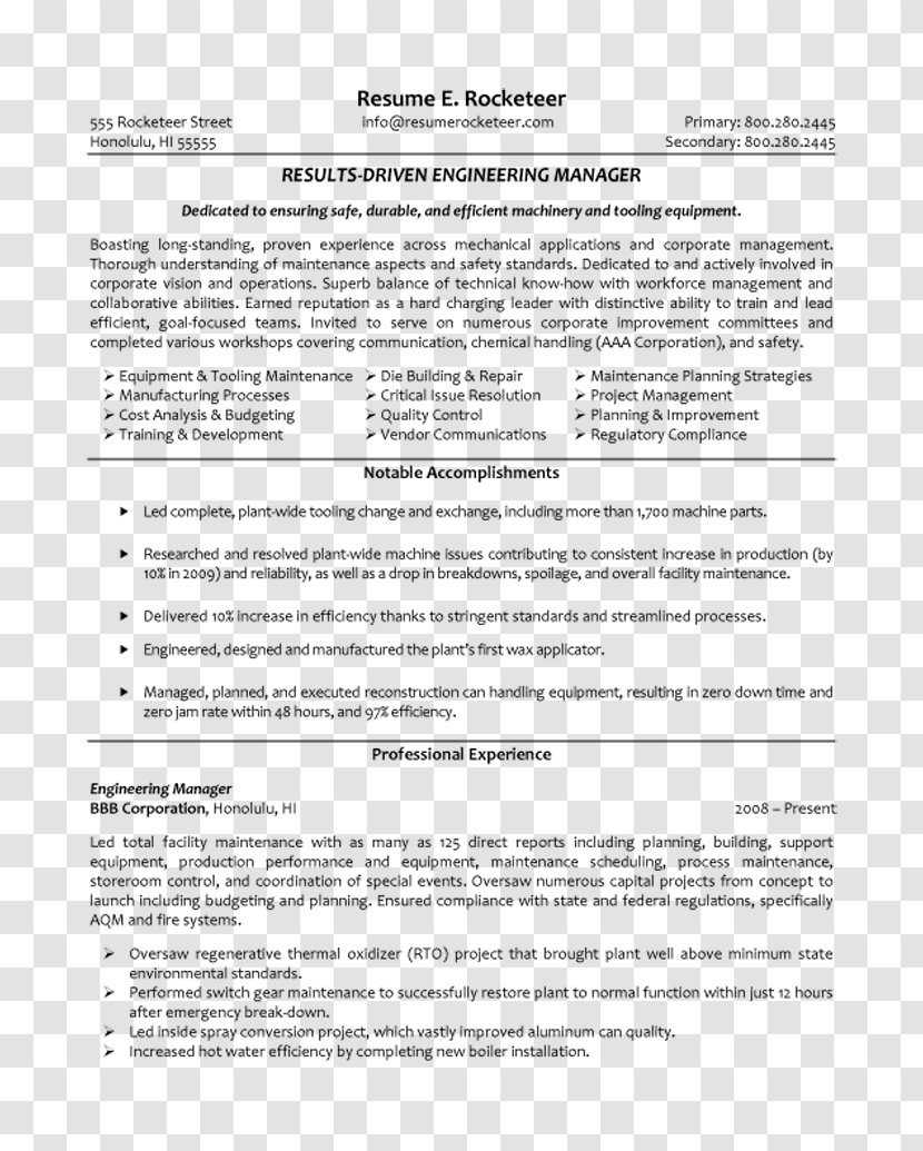Résumé Engineering Management Project Manager - Engineer Transparent PNG