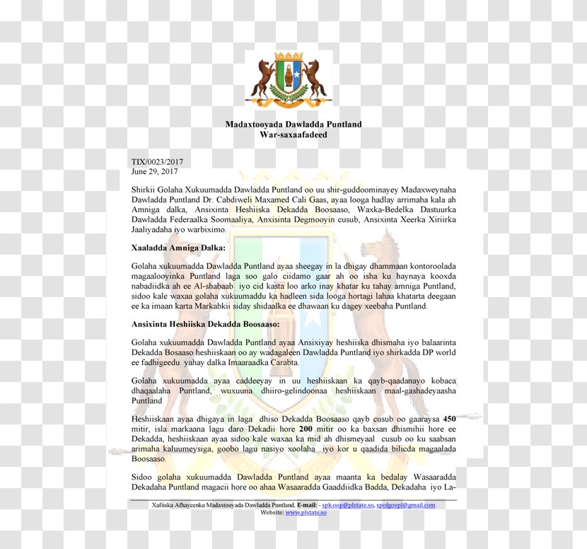 Tukaraq Bosaso Madaxtooyada Puntland State House Warar - Paper - Government Of Transparent PNG