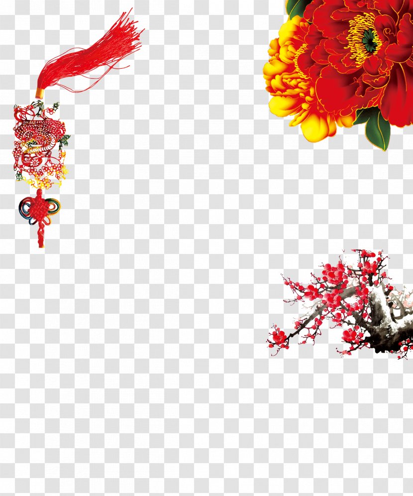 Chinese New Year Greeting Card E-card - Knot,peony,Plum Flower Transparent PNG