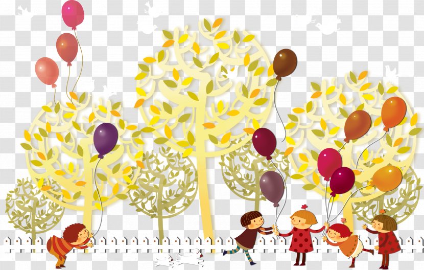 Cartoon Floral Design Illustration - Yellow - Children Playing With Balloons Transparent PNG