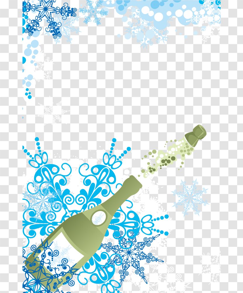 Champagne Glass Wine Bottle - Border - With Blue Snowflake Decorative Pattern Vector Transparent PNG