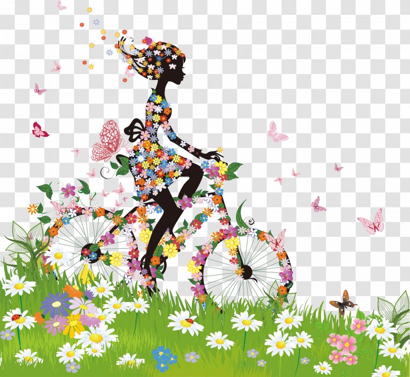 Bicycle Flower Clip Art - Watercolor - Colorful Spring Woman Silhouette Vector Material Transparent PNG