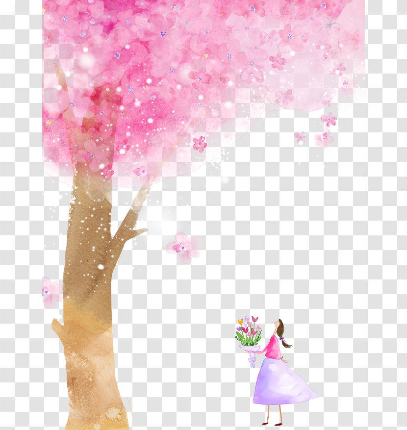 Watercolor Painting Cartoon Illustration - Heart - Cherry Tree,girl Transparent PNG