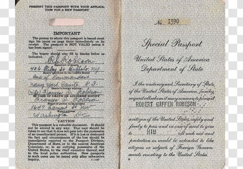 United States Passport Identity Document Second World War - Paper Transparent PNG