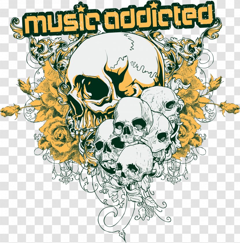 T-shirt Skull Skeleton - Headphones - Yellow Flowers And Skeletons Transparent PNG