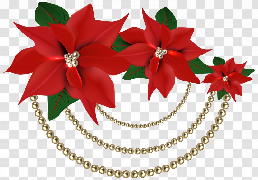 Poinsettia Christmas Decoration Clip Art - Petal - Decorative Poinsettias With Pearls Clipart Image Transparent PNG