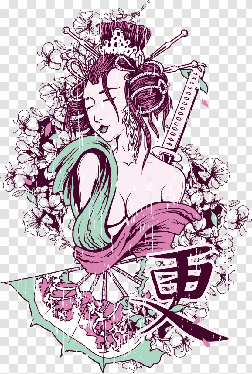 T-shirt Geisha - Flower - Vector Hand-painted Japanese Transparent PNG