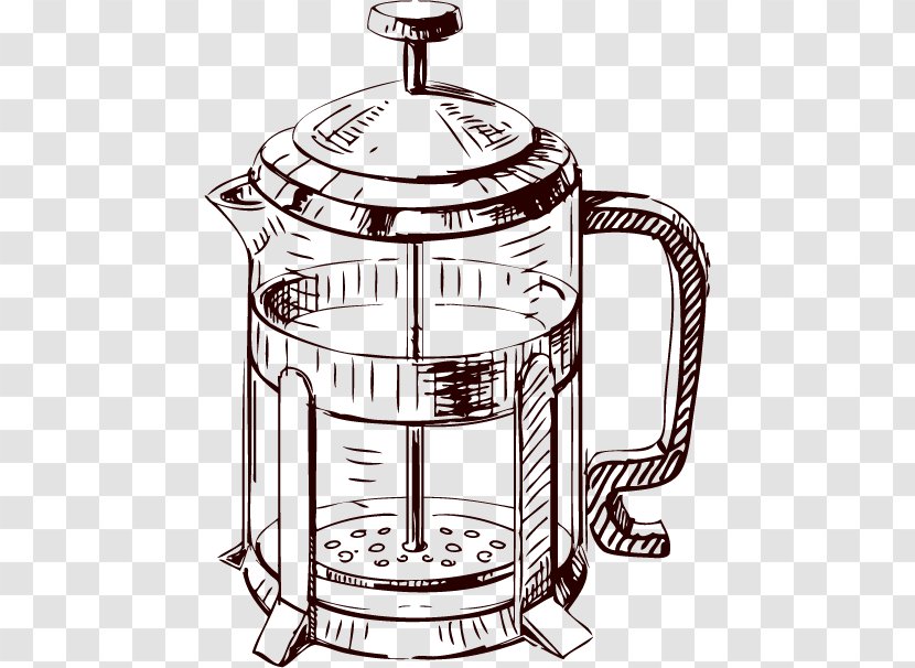 Coffee Cafe French Press Drawing - Drinkware - Cartoon Painted Cup Tea Transparent PNG