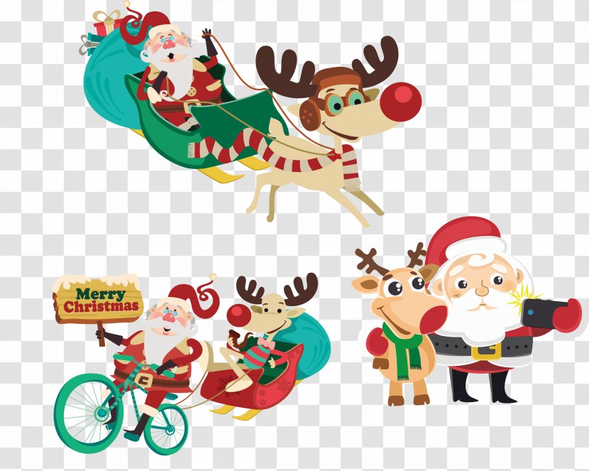 Santa And Elk Vector Elements Collection - Christmas Decoration - Reindeer Transparent PNG