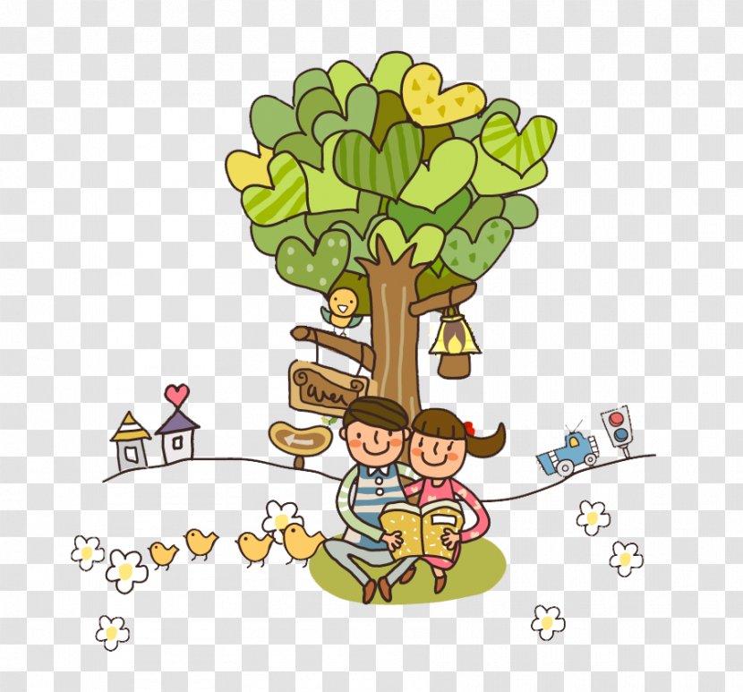 Cartoon Child - Recreation - Tree Under The Couple Pattern Transparent PNG