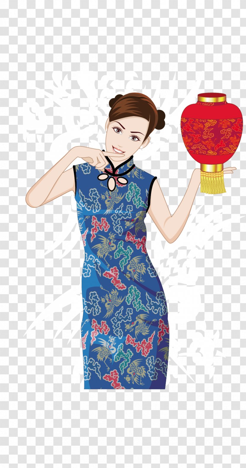 Cheongsam Illustration - Drawing - Chinese Classical Blue Flower Dress Beauty Vector Material Transparent PNG