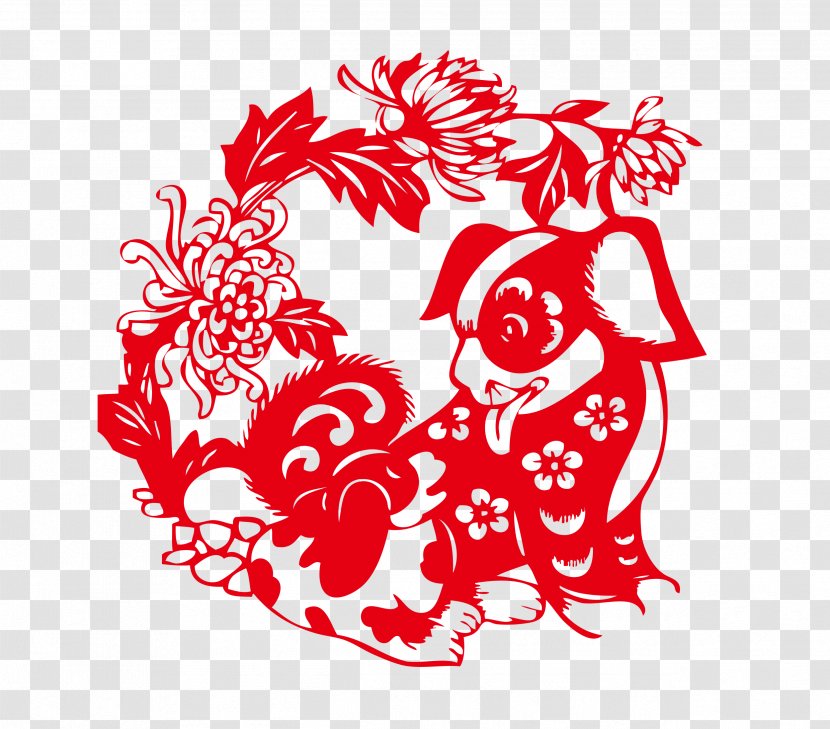 Chinese New Year Papercutting Fai Chun Fu Dog - Flower Transparent PNG
