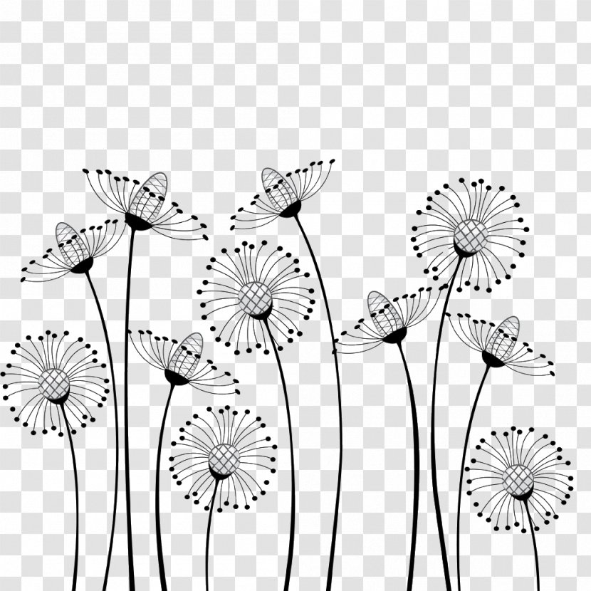Flower Cartoon Black And White Drawing Clip Art - Line - Dandelion Transparent PNG