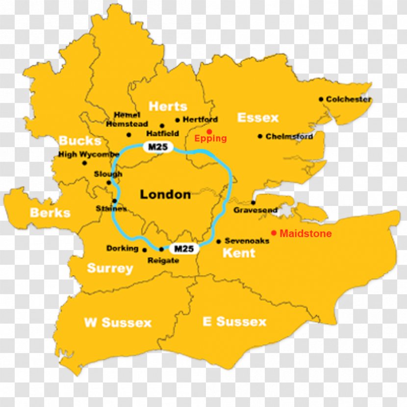 Home Counties M25 Motorway Map Surrey County - Yellow Transparent PNG