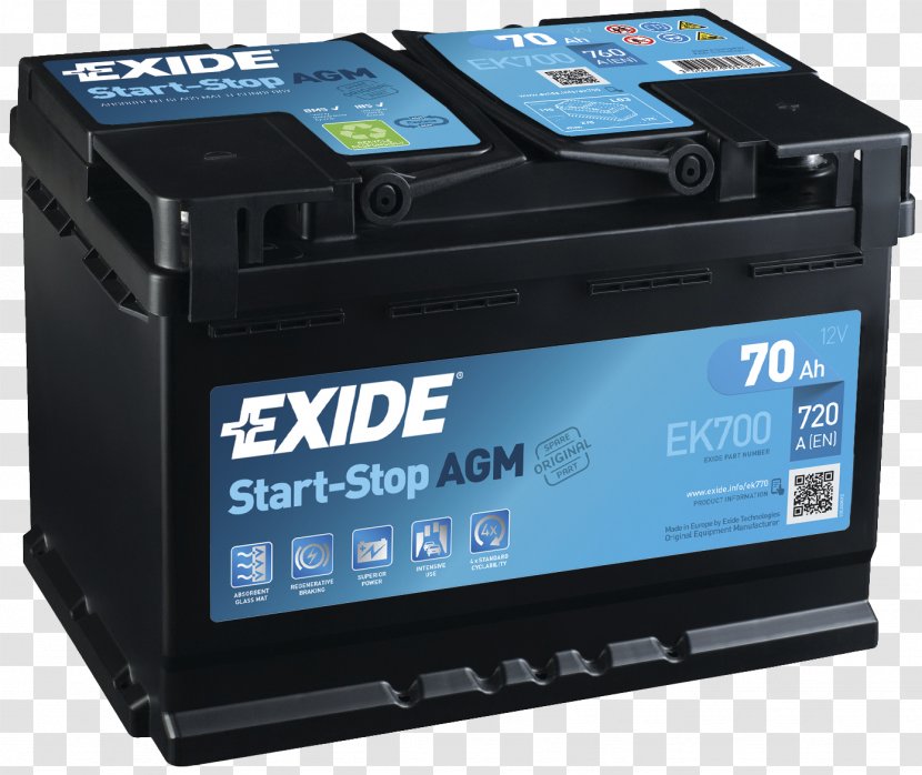Car Automotive Battery VRLA Electric Exide - Starter - Start Stop Transparent PNG