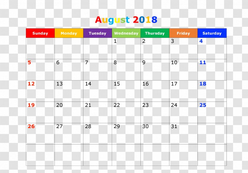 Calendar 0 PDF Template Microsoft Excel - August 2018 Transparent PNG