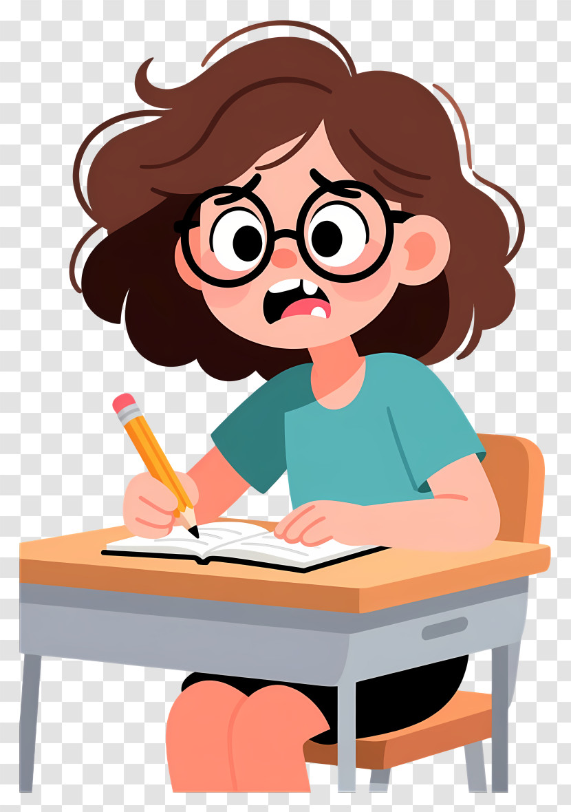 Nadine - Anxious Student Writing At Desk Transparent PNG