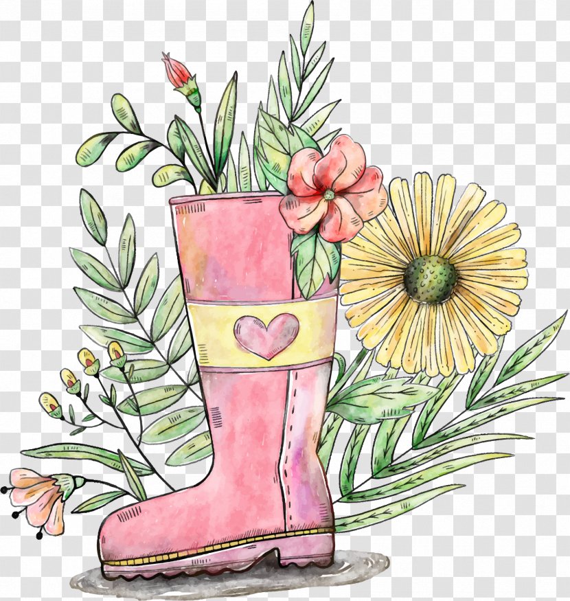 Gardening Flower Watercolor Painting - Hand Painted Pink Boots Transparent PNG