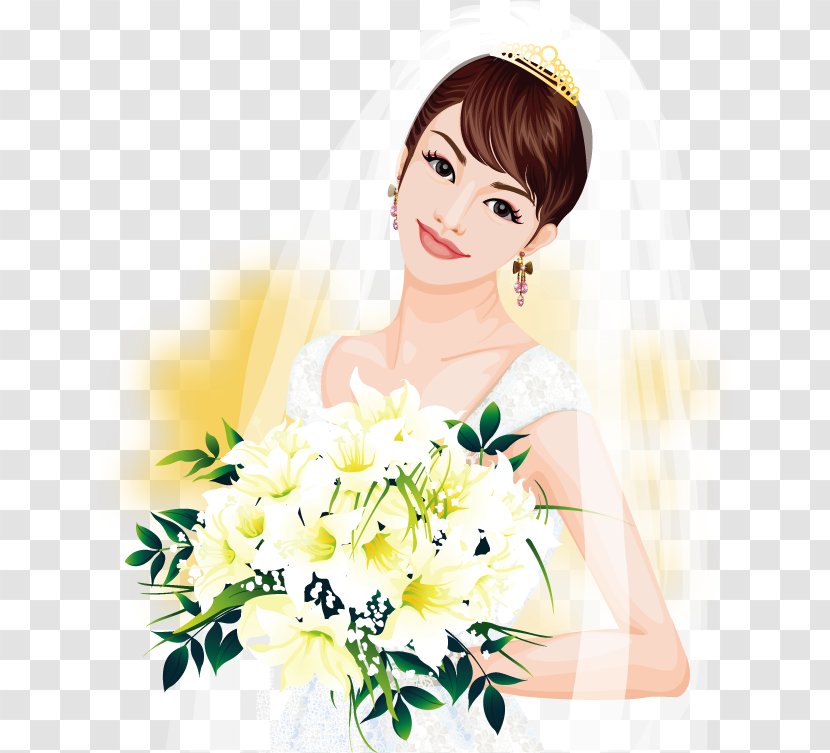 Contemporary Western Wedding Dress Cartoon - Watercolor - Happy Bride Wearing White Silk Vector Transparent PNG