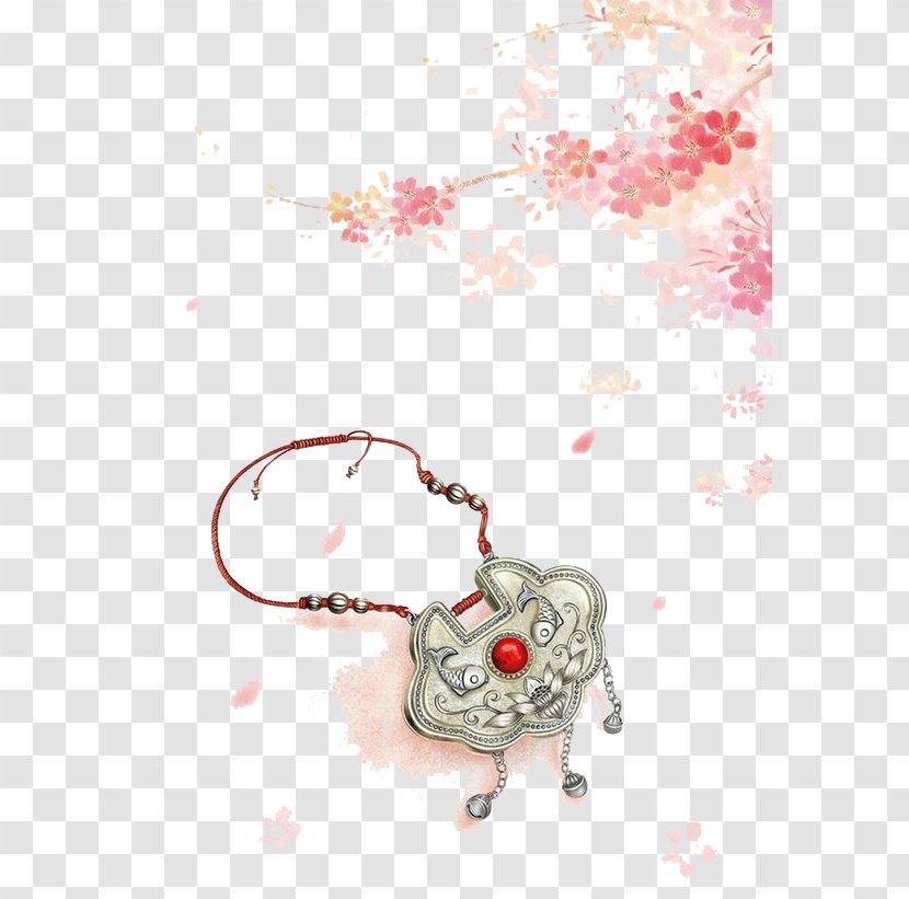 Watercolor Painting Art Illustration - Chinoiserie - Pink Cherry Blossoms And Longevity Lock Transparent PNG