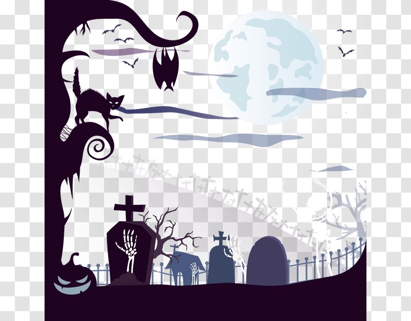 Halloween Cemetery Euclidean Vector Illustration - Brand - Graveyard And A Black Cat Skeleton Transparent PNG