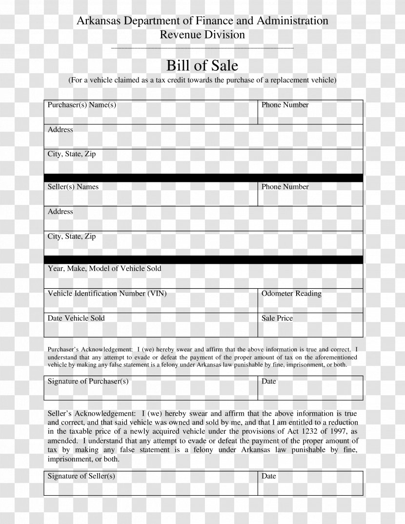 Arkansas Bill Of Sale Form Car Invoice - Watercolor Transparent PNG