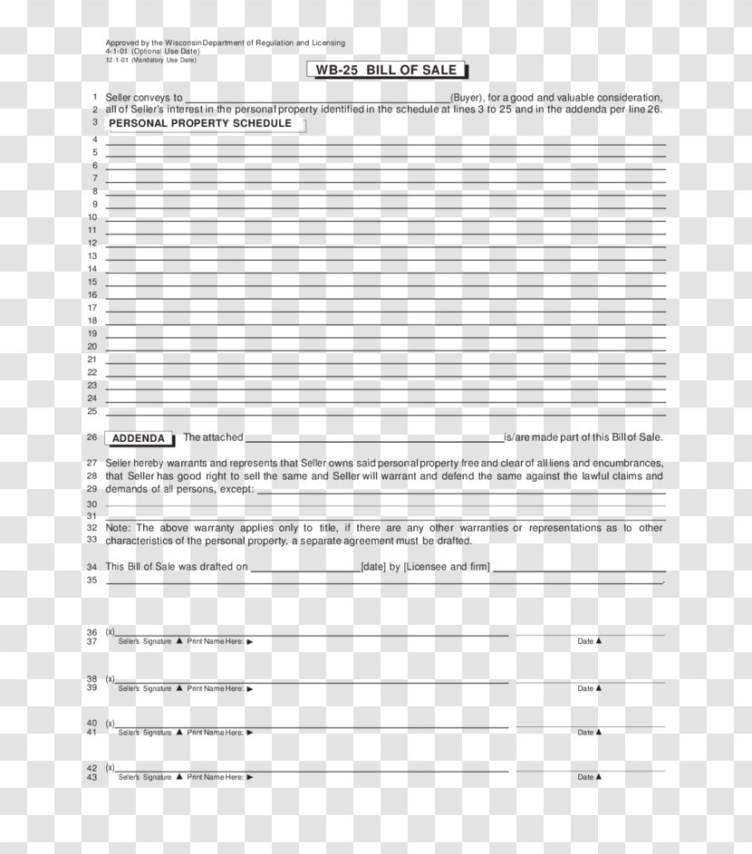 Document Bill Of Sale PDF Wisconsin Property - Personal Transparent PNG