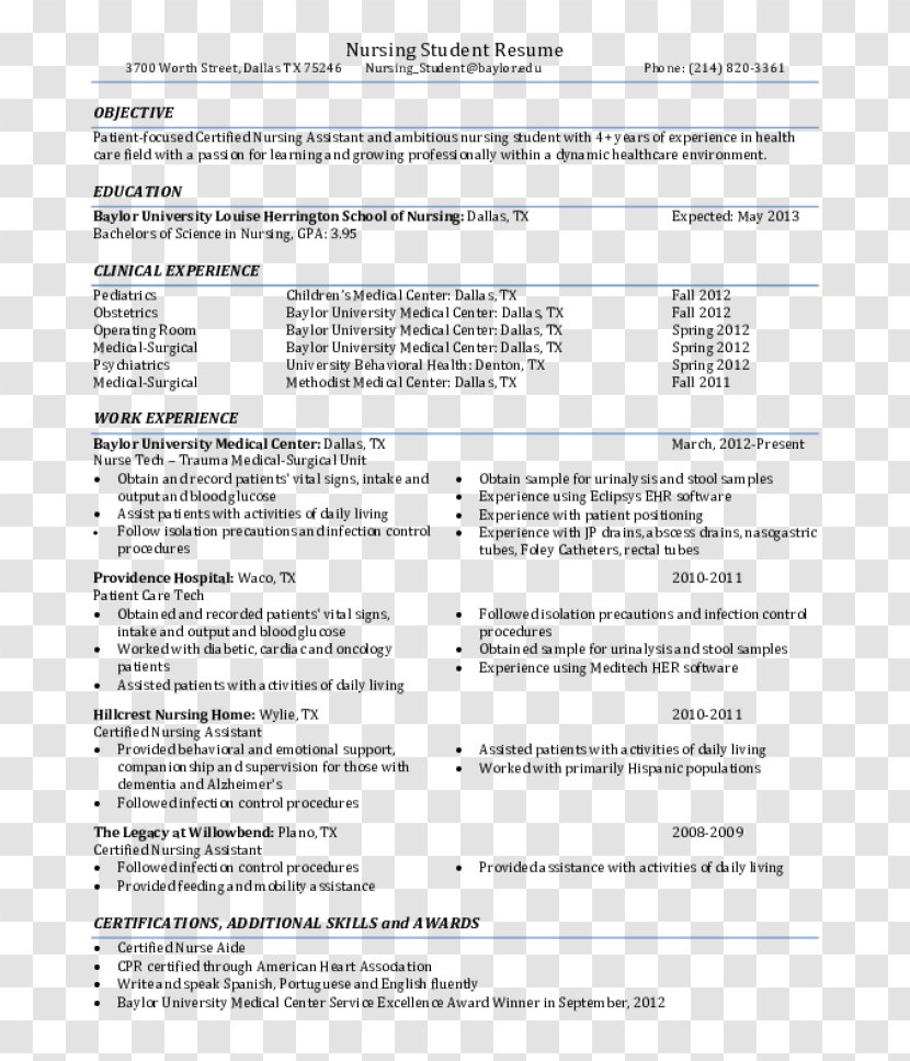 Résumé Student Nurse Nursing Registered - Resume Transparent PNG