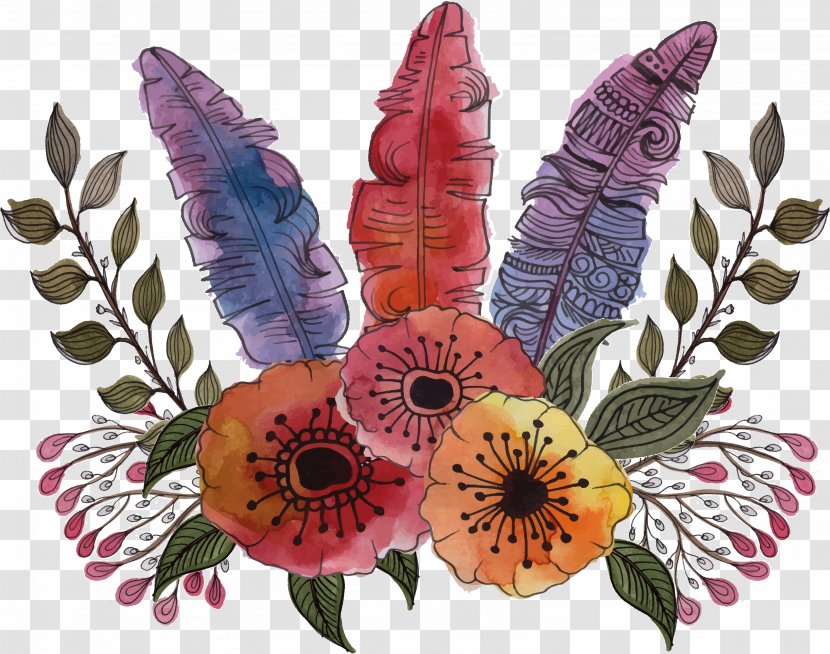 Bird Flower Feather Watercolor Painting - Colored Hand-painted Flowers Transparent PNG