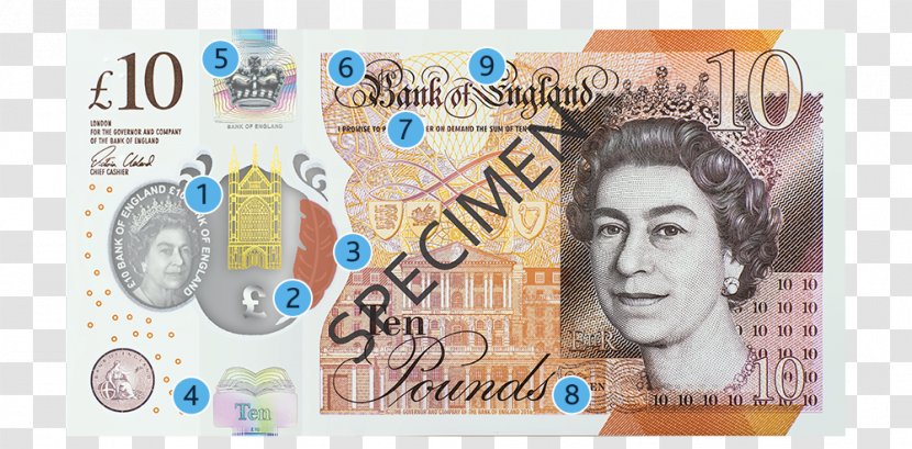 Bank Of England £10 Note Polymer Banknote Pound Sterling - Paper Product Transparent PNG