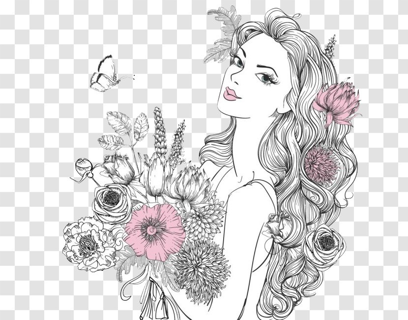 Woman Flower Portrait Clip Art - Cartoon - Holding Flowers Transparent PNG