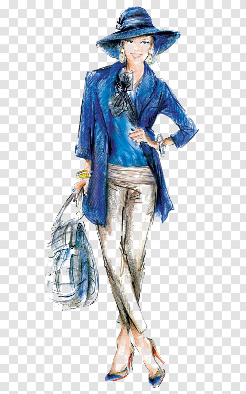 Fashion Sketchbook Illustration Drawing - Woman Blue Dress Transparent PNG