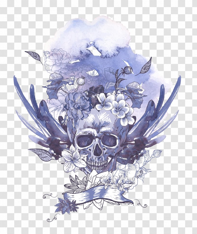 Human Skull Symbolism Royalty-free - Floral Design - Light Blue Pattern Transparent PNG
