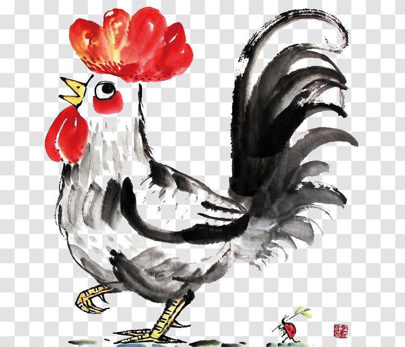 Plymouth Rock Chicken Rooster Ink Wash Painting Illustration - Chinese Zodiac - Cock Transparent PNG