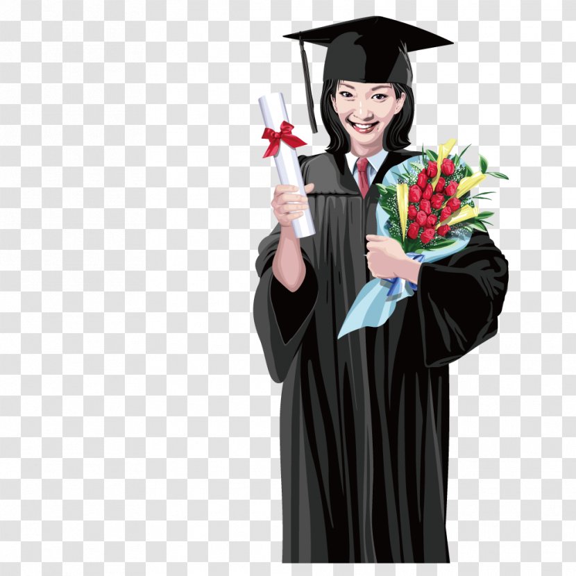 Graduation Ceremony Academic Dress Illustration - Students Holding Flowers Wearing A Bachelor Of Service Transparent PNG